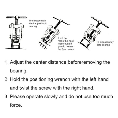 Diagram showing use of a 3 Inch Two Jaw Gear Puller With Adjustable CR V Steel For Bearings And Pulleys, with step-by-step instructions.