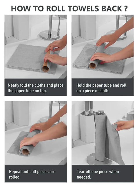 Instruction steps showing how to roll back a 12x12 Inch Tear Away Microfiber Cloth Roll 40 Pack Reusable Washable Towels.