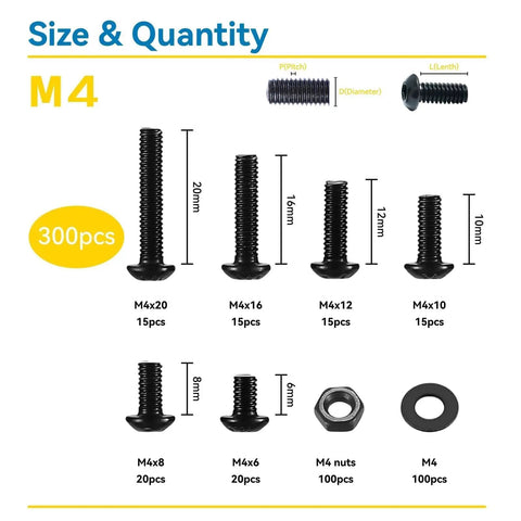 Detailed view of All In One Must Have M4 Button Head Socket Cap Screw Kit With 300Pcs Mixed Lengths 6mm-20mm Nuts Washers Black Zinc Plated