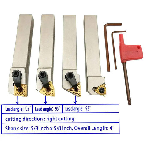 5/8 Inch CNC Lathe Indexable Turning Tool Holder Set With Nickel Plated Finish Includes 4 Carbide Inserts And 3 Wrenches