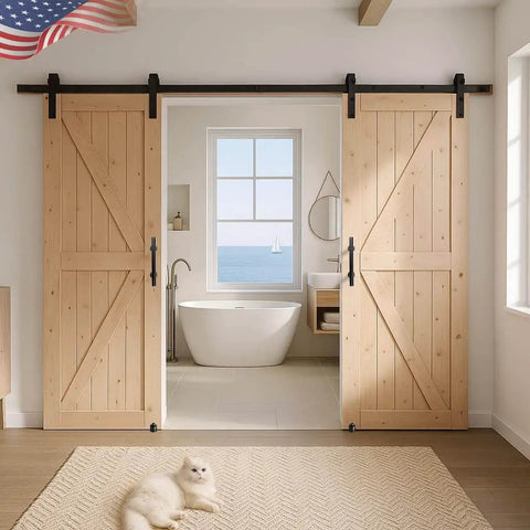 32 Inch By 84 Inch Double Unfinished British Brace Barn Door With 13 Foot Sliding Hardware Kit Solid Wood Built To Last Double Sided Panels Ready For Stain Or Paint And Easy Assembly For A Rustic Room Divider in a modern bathroom