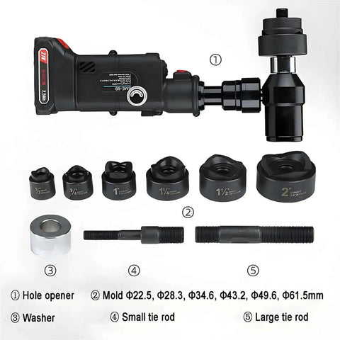 Rechargeable Hydraulic Hole Punch Kit with six dies, 21V battery, and tie rods displayed for metal punching, 22-60 mm holes, 80KN force