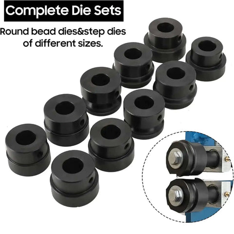 Complete die sets for Heavy Duty Sheet Metal Bead Roller With 18 Inch Throat Depth showing round bead and step dies.
