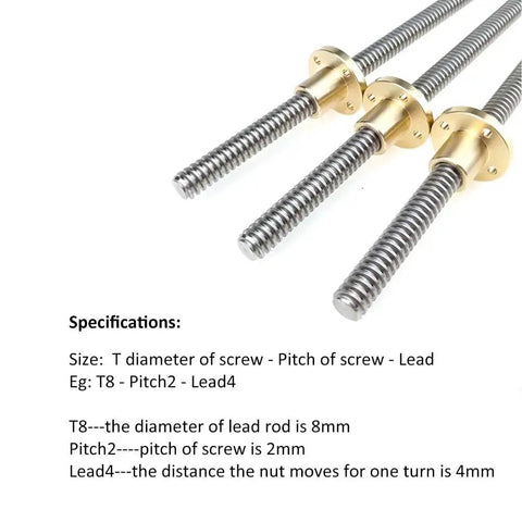 Close-up of 8mm T8 Lead Screw Set with 1000mm Stainless Steel Rod and Copper Nut for CNC machines, featuring 2mm pitch and 8mm lead.