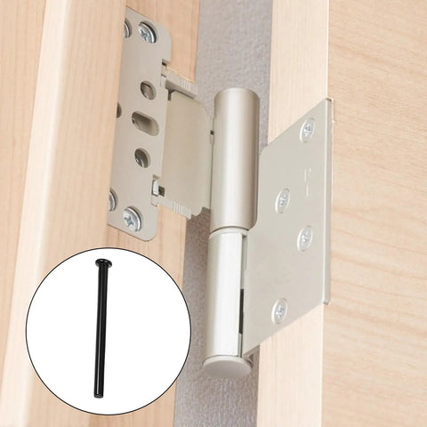Black Door Hinge Pins 4 Pack 3 Point 5 Inch Replacement Pins For Home Office Kitchen And Interior Doors Slick Quiet Operation Durable And Easy To Install shown with close-up of a pin and installed hinge.