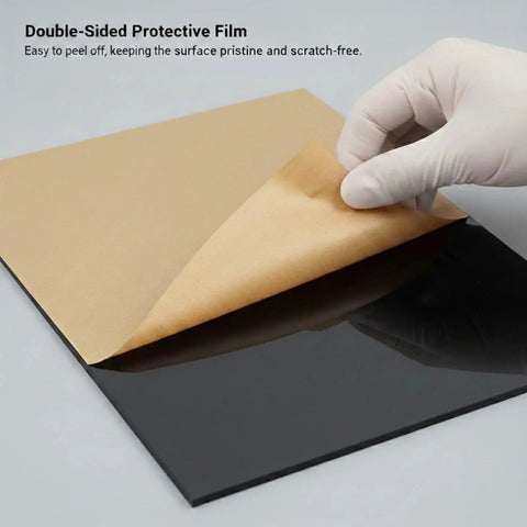 Peeling protective film from Four Pack Black Acrylic Sheets 12 By 16 Inches One Eighth Inch Thick For Laser Cutting Crafts Photo Frames And DIY Projects Plexiglass Board Great For Laser Engraving And Craft Making.