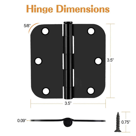 Black Interior Door Hinges 3.5 Inch By 3.5 Inch With Six Holes And 270 Degree Rotation, Rounded Five Eighth Inch Radius Corners, Replaces Existing Hardware, Ideal For Doors Cabinets Wood Boxes, 18 Pack shown with dimensions