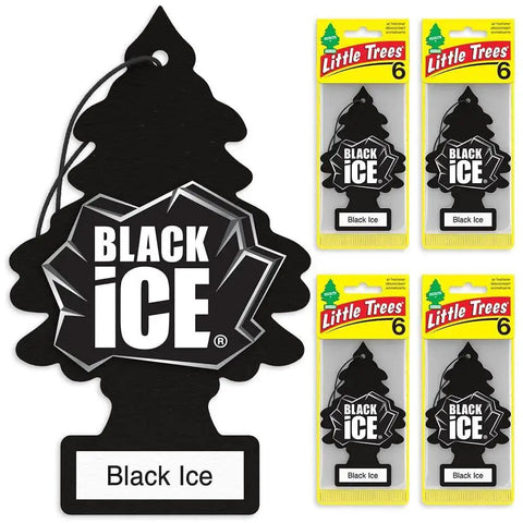 Hanging Car Air Freshener Black Ice Scent for Auto and Home 24 Pack with tree shape and Black Ice logo, four packs shown