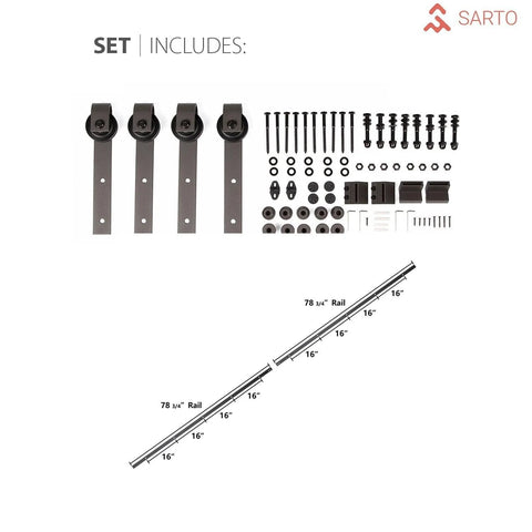 Sliding hardware set for Sturdy Double Barn Door With Clear Glass In Matte Black Finish, includes rail, hangers, and fittings.