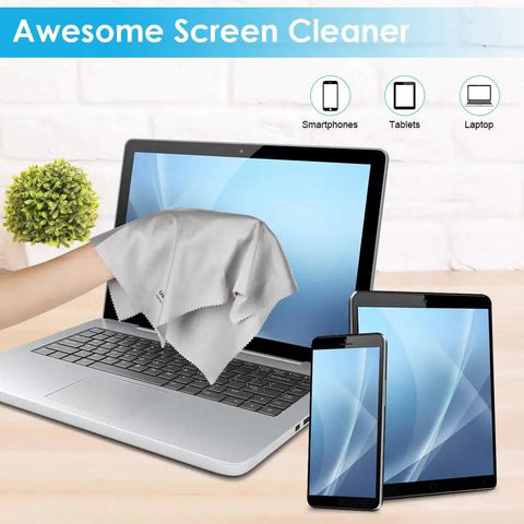 6 Pack 12x12 Microfiber Cloths For Glasses And Screens Individually Wrapped used to clean a laptop, tablet, and smartphone screen.