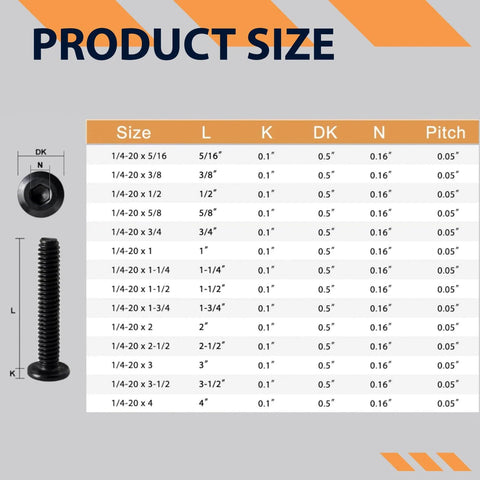 Chart of 1/4-20 X 2 Inch Flat Head Hex Socket Cap Screws Bolts in Black Oxide 304 Stainless Steel dimensions and specifications.