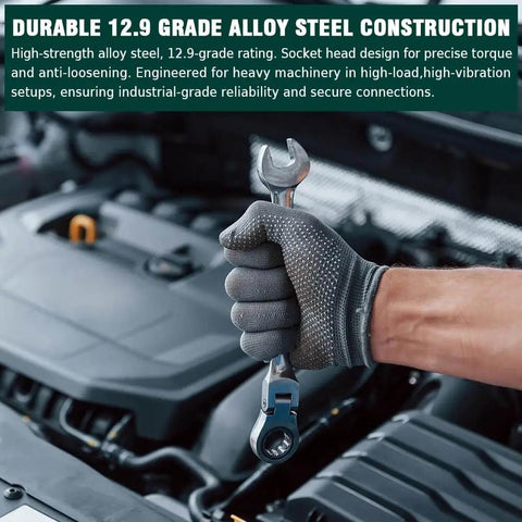 Mechanic using wrench on engine, showcasing 12.9 grade alloy steel construction for automotive use