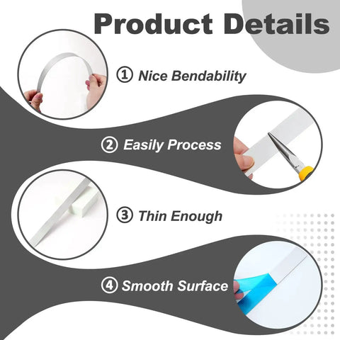 Product details of metal shim set of 10 stainless steel strips in mirror silver finish, showing nice bendability and smooth surface.