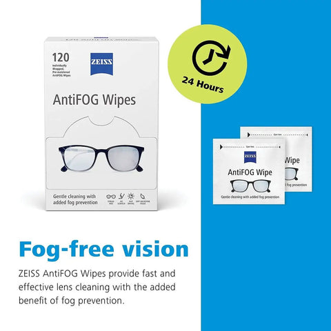 ZEISS Anti Fog Wipes For Glasses And Goggles 120 Count 24 Hour Fog Prevention packaging with sample wipes displayed