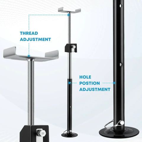 Set Of 2 RV Slide Out Supports For Travel Trailers Heavy Duty Camper Jacks That Hold Up To 5000 Lbs Adjustable Height From 20 To 49 Inches Quick Raise With Power Drill Or Hand Crank RV Camper Accessories For Easy Setup showing thread and hole adjustments.