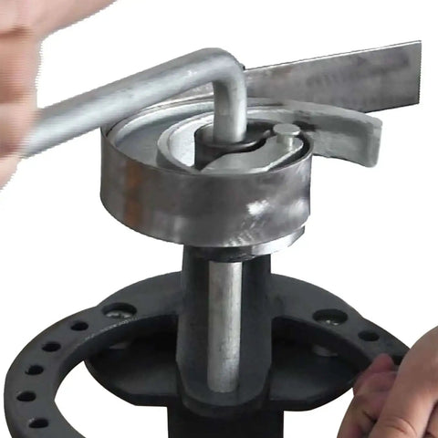 Close-up of Floor Type Compact Metal Bender With 38 Inch Stand And Large Base Plate 14 Dies showing bending process for workshop use