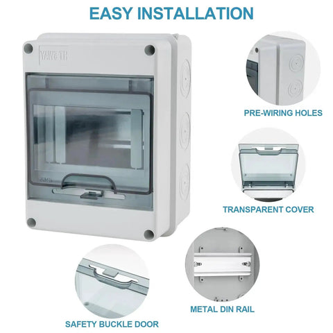 5 Way Circuit Breaker Box IP65 Weatherproof Distribution Enclosure With Din Rail ABS Plastic Cover, front and side view