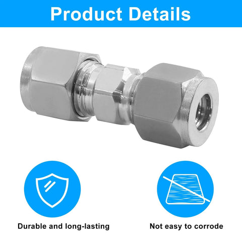 Two-piece stainless steel compression fitting union with double ferrules; straight 5/16 in tube OD adapter.