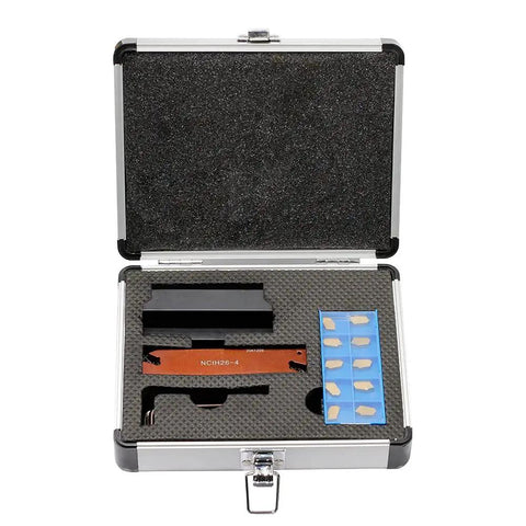 Pro Grade Three Quarters Inch Self Lock Block Tool Holder Set With Adjustable Blade NCIH26 3 And NCIH26 4 Plus Tin Coated GTN 3 And GTN 4 Carbide Inserts For Parting Grooving And Cut Off Jobs SLTBN19 5 Oscarbide in aluminum case