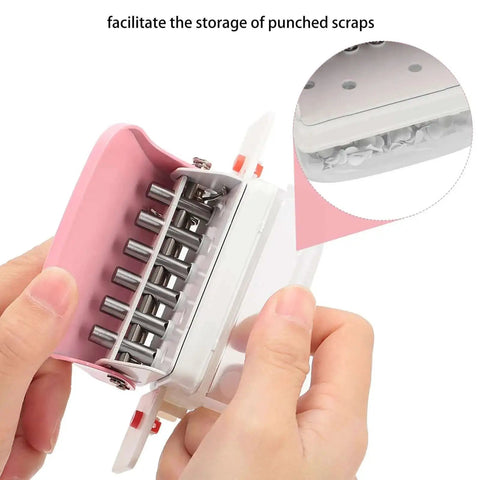 Close-up of Six Hole Punch For Loose Leaf Paper A4 A5 B5 Portable Handheld Metal Circle Puncher, pink, showing scrap storage.
