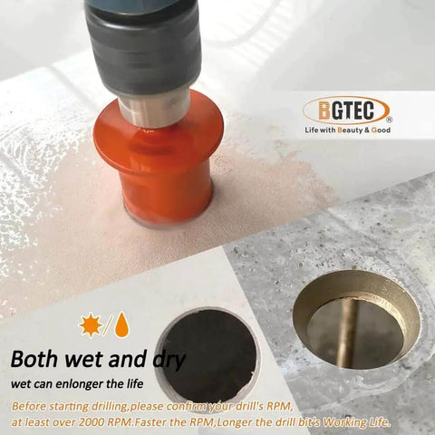 Diamond Core Drill Bit For Porcelain Marble Ceramic Tile And Granite Stone 40x60mm Triangle Shank Basin Opener With Vacuum Brazing in action on tile surface