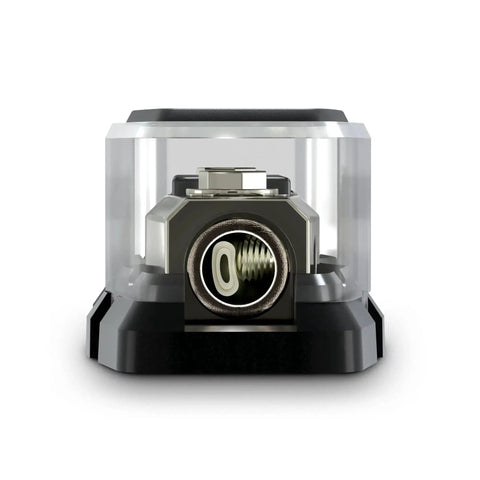 Front view of Square ANL Fuse Holder With 200 Amp Fuse Included For 0GA To 4GA Power Wiring Heavy Duty Car Audio Accessory Made In USA Built For Big Power
