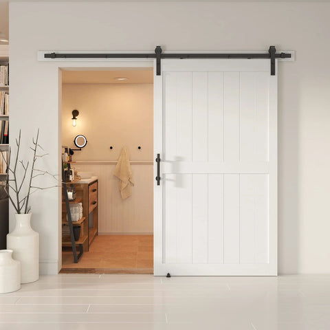48x84 Inch Sliding Barn Door With 8 Foot Hardware Kit Handle Floor Guides And Easy DIY Installation White MDF Door installed