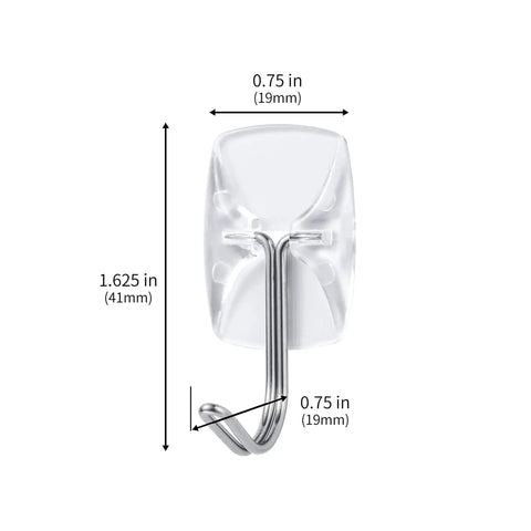 Clear Wall Hooks With Adhesive Strips 15 Hooks 30 Strips No Tools Damage Free; single clear hook with dimensions.