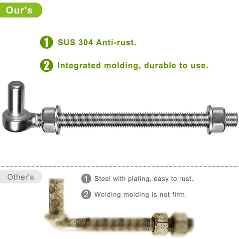 Comparison of 304 stainless steel gate hinge set M12 by 8 inch J bolt against a rust-prone welded hinge.