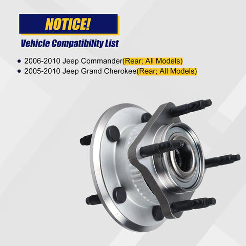 Rear Wheel Bearing And Hub Assembly Set Of 2 512302 For Jeep Commander 2006 2010 And Grand Cherokee 2005 2010 Rear With 5 Lug Bolts And ABS Replacement Part Ready To Roll Drop In Fit.