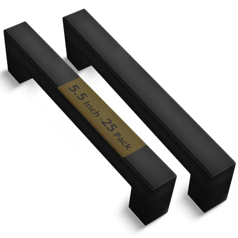 Matte Black Cabinet Pulls 25 Pack, 5.5 Inch Length With 5 Inch Hole Spacing, Modern Minimalist Handles Displayed in Pair