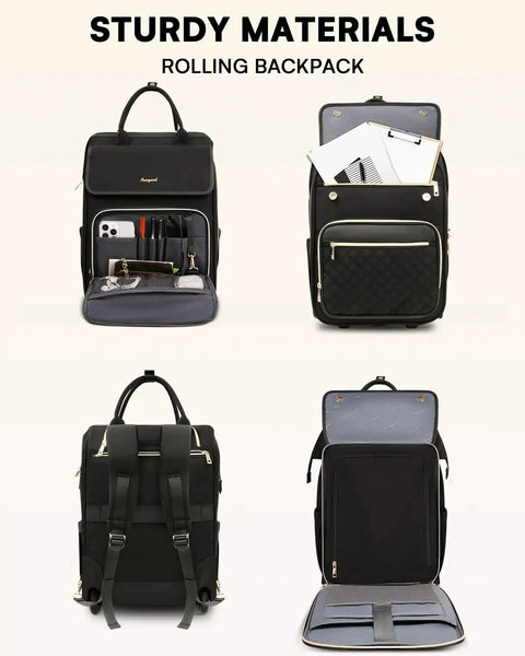 Rolling Backpack With Wheels For Women, 2 In 1 Vertical And Horizontal Storage, Flip Top Design, Water Resistant, multiple pockets