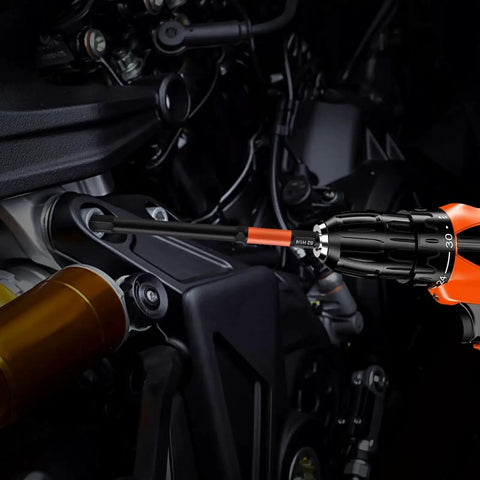 Impact driver using Heavy Duty 20 Piece 4 Inch Hex Bit Set With Metric And SAE Allen Wrenches to fasten motorcycle component.