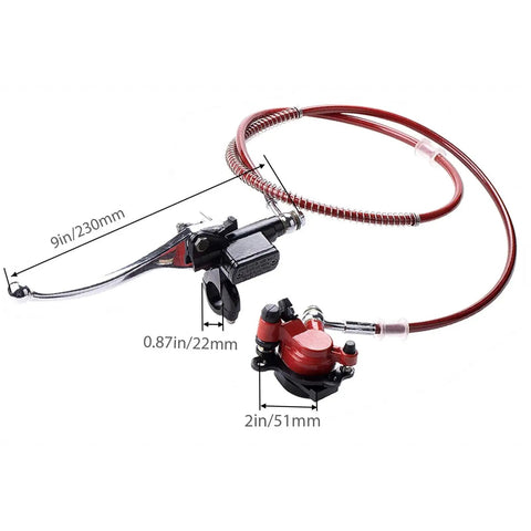 Front view of mini bike hydraulic disc brake kit with red braided hose and black caliper; includes lever.