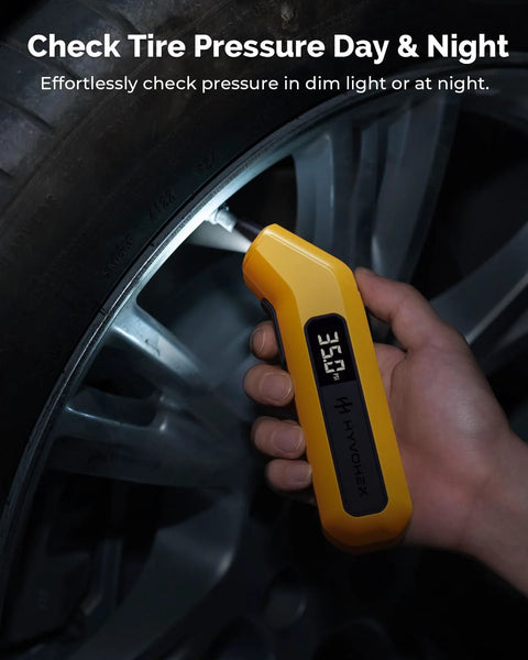 HYVOHEX digital tire pressure gauge, yellow handheld device with LED backlit display for car tires.