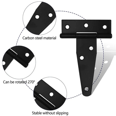 6 Pack 3 Inch T Strap Hinges Heavy Duty Black Outdoor Tee Hinges for Wooden Fences Barn Doors Gates Shed Doors Hardware