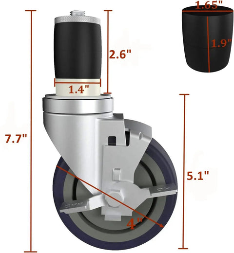 4 Inch Work Table Caster Wheels With Locking Brakes For Stainless Steel Prep Tables Expanding Stem Casters Set Of 4