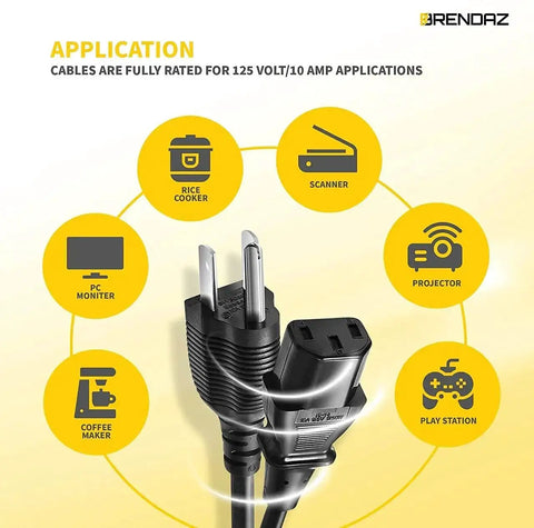 3 Prong AC Power Cord For PC, Monitor, Printer Replacement Cable - IEC 320 C13 To NEMA 5-15P, 18AWG image with application uses