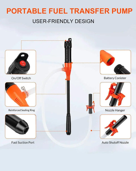 Diagrams of Portable Battery Powered Siphon Pump For Gas Diesel Water Transfer 2.4 GPM showing features like nozzle and switch.