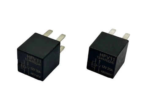 12V DC 20A 4-Pin Automotive Relay Dual Pack for car electrical systems, showing two black relay modules with metal pins.