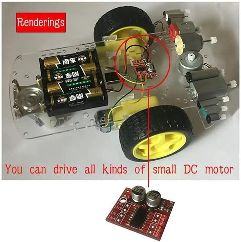 Mini L298N 2 Channel H Bridge DC Motor Driver Board With MX1508 Chip on toy car, drives two DC motors or a 4-wire stepper motor.
