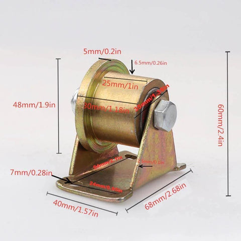 Smooth, quiet T-groove track wheels deliver stable gate or cart movement; galvanized 45 steel roller showing dimensions.