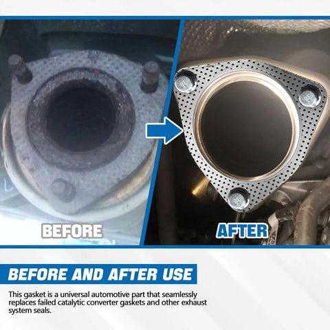 Exhaust flange gasket, 3.5-inch, graphite reinforced, 2-pack for car exhaust, before and after installation