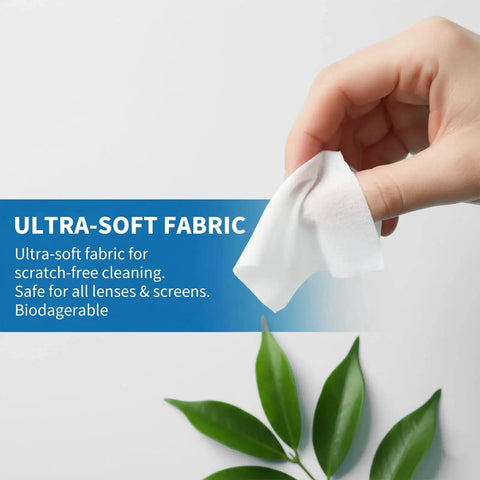 Hand holding a wrapped lens wipe, highlighting ultra-soft fabric for smudge-free clarity on the go, with green leaves background.