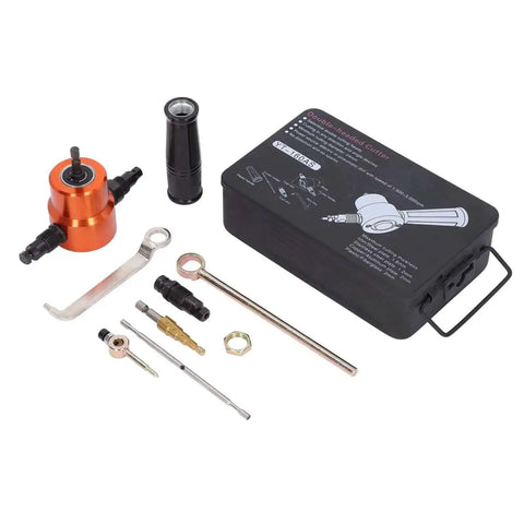 360 Degree Double Head Nibbler Attachment Kit For Drills with tool components and storage case for metal cutting.