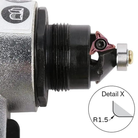 Close-up of mini pneumatic chamfering tool for metal beveling with replaceable C and R blades and detail diagram of 1.5 mm arc edge