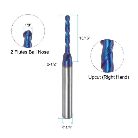 Two Pack Ball Nose End Mill Cnc Router Bit One Eighth Inch Cutting Diameter One Sixteenth Inch Radius One Quarter Inch Shank Two And A Half Inch Total Length Up Cut Two Flutes Solid Carbide Nano Coated Milling Tool showing close-up of two flutes, shank diameter, and upcut design