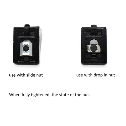 Close-up of slide nut and drop-in nut assembly from 200 Piece 2020 Aluminum Extrusion Hardware Kit With M5 T Slot Nuts Bolts Screws And Slide Nuts For 20 Series And 2040 V Slot Projects Includes Wrench In An Organized Clear Case For Easy Drop In Assembly.