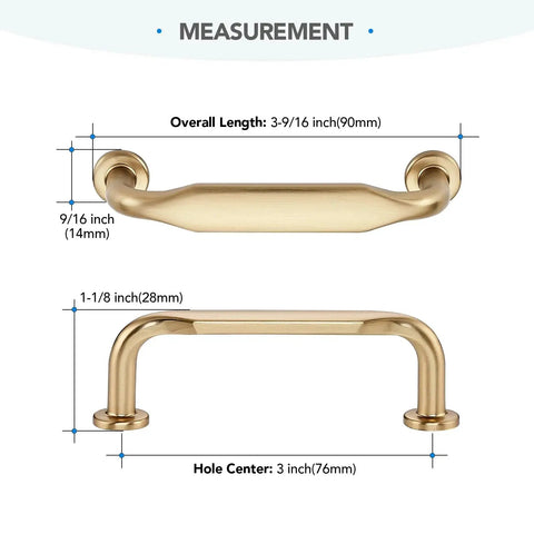 Measurement details of 20 Pack 3 Inch Champagne Bronze Cabinet Handles Solid Zinc Alloy Pulls with durable finish for cabinets.