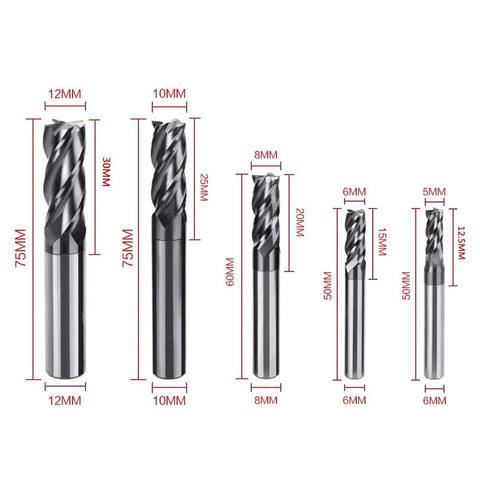 Front view of 8 Piece CNC Square Nose End Mills 2mm To 12mm Set Carbide Tungsten Steel 4 Flutes Milling Cutters with size labels